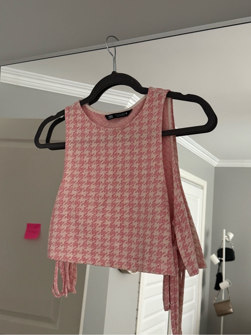 Zara Pink and Cream Houndstooth Knit Top